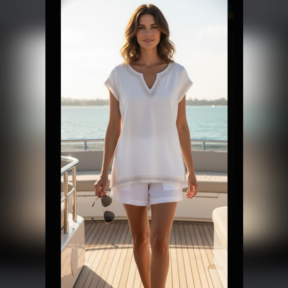 St. Tropez Linen‎ Embroidered White Boxy V-Neck Top Size XL